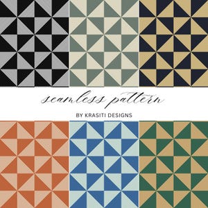 May include: A digital graphic featuring six variations of a seamless geometric pattern composed of triangles with fine white diagonal lines. The colour palettes include black, sage green, navy blue, terracotta, royal blue, and forest green. Text reads seamless pattern BY KRASITI DESIGNS.