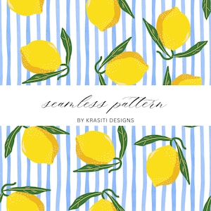 Op de afbeelding: Naadloos patroon met gele citroenen en groene bladeren op een blauw-witte gestreepte achtergrond. De tekst "seamless pattern" en "BY KRASITI DESIGNS" zijn ook zichtbaar.