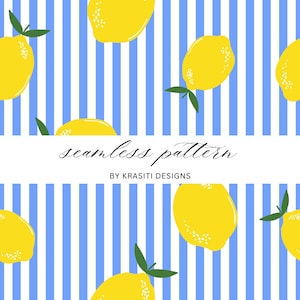 May include: Seamless pattern featuring yellow lemons with green leaves on a blue and white striped background. The text "seamless pattern" is displayed in a cursive font, with "BY KRASITI DESIGNS" below it.