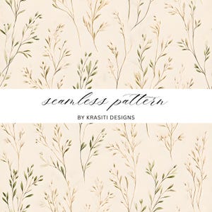 May include: A seamless pattern featuring delicate watercolour-style green and brown botanical sprigs on a light cream background. A white horizontal band across the centre displays the black text seamless pattern and BY KRASITI DESIGNS.
