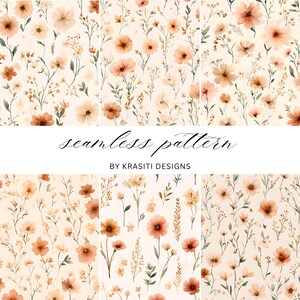 Op de afbeelding: Een naadloos patroonontwerp met aquarelillustraties van diverse bloemen en bladeren in tinten perzik, oranje en gedempt groen op een crèmekleurige achtergrond. De tekst seamless pattern by KRASITI DESIGNS staat in het midden.