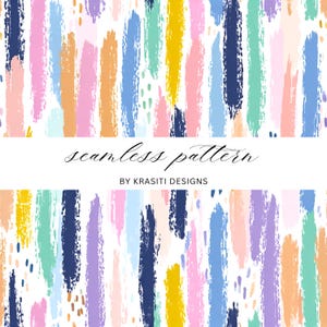 May include: A seamless pattern design featuring vertical brushstrokes in various colors, including blue, pink, orange, yellow, and purple, against a white background. The text "seamless pattern" and "BY KRASITI DESIGNS" are displayed.