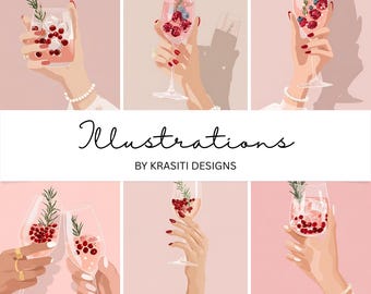 Elegante Cocktail Hand Illustrationen | Sektglas Kunstdrucke | Wein Wand Kunst | Modernes druckbares Dekor