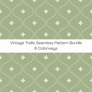 May include: A seamless pattern featuring a sage green background with a repeating white dashed trellis design and small four-petaled flower icons. The text "Vintage Trellis Seamless Pattern Bundle 6 Colorways" is centered on a white horizontal band.