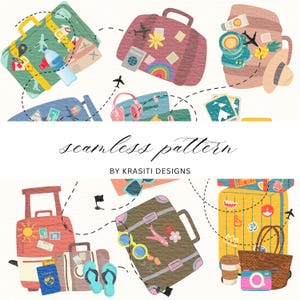 Puede incluir: Un diseño de patrón sin costuras con ilustraciones de temática de viajes. La obra de arte incluye maletas, pasaportes, gafas de sol y otros accesorios de viaje. También se incluye el texto "seamless pattern" y "by Krasiti Designs".