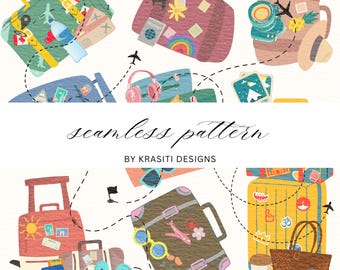 May include: A seamless pattern design featuring travel-themed illustrations. The artwork includes suitcases, passports, sunglasses, and other travel accessories. The text "seamless pattern" and "by Krasiti Designs" are also included.