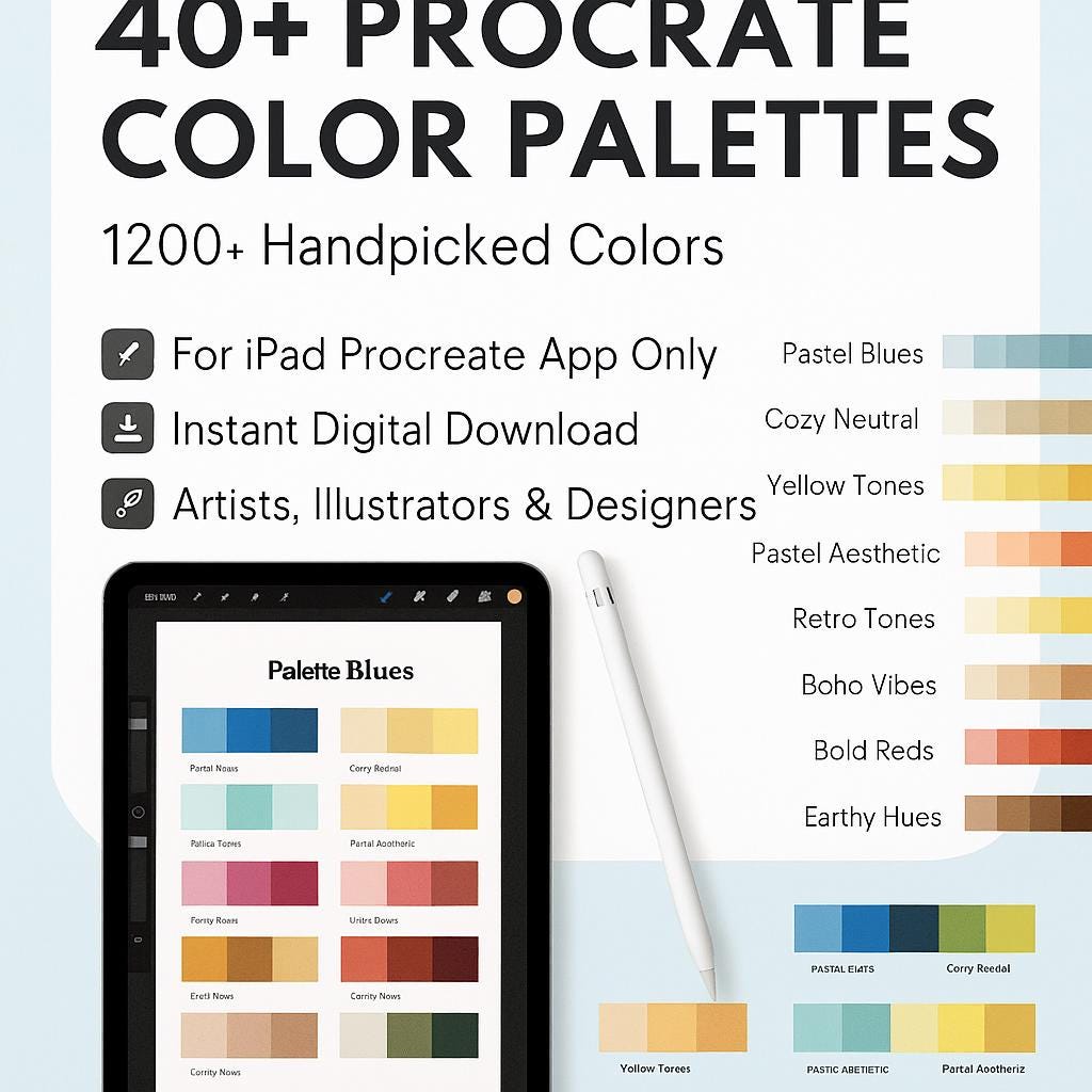 Paquete de paletas de color para Procreate – 40+ swatches, 1.200+ colores para artistas digitales | Descarga instantánea
