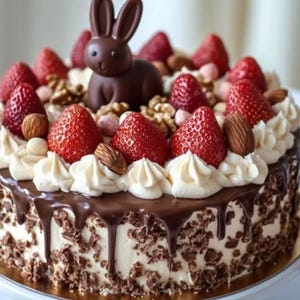 Può includere: Una torta rotonda decorata con un coniglietto di cioccolato, fragole fresche, noci e panna montata. La torta ha un gocciolamento di ganache al cioccolato ed è ricoperta di scaglie di cioccolato. Un dolce festivo.
