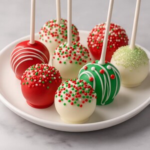 K&ouml;nnte beinhalten: Eine Auswahl an festlichen Cake Pops auf einem wei&szlig;en Teller. Die Cake Pops sind mit roten, gr&uuml;nen und wei&szlig;en Streuseln und Zuckerguss verziert. Einige sind rot mit wei&szlig;en Streifen, andere gr&uuml;n mit wei&szlig;en Wirbeln.