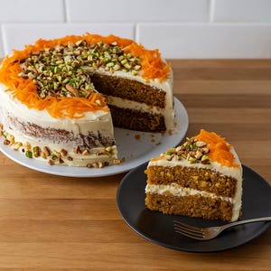 Puede incluir: Un pastel de zanahoria con glaseado blanco, cubierto con zanahorias ralladas, nueces picadas y pistachos. Una rebanada del pastel está en un plato negro con un tenedor. El pastel está en un plato blanco, con una rebanada quitada.