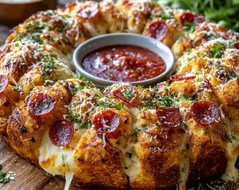 Cheesy Garlic Pepperoni Pull Apart Bread Krans Recept pdf, afdrukbare digitale download