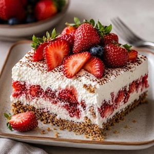 Puede incluir: Un postre cuadrado de fresas con base de galleta, capas de fresas frescas y crema batida. La parte superior está decorada con fresas enteras y en rodajas, arándanos y una pizca de cacao en polvo. Servido en un plato cuadrado.