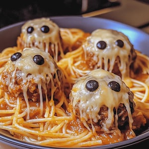 Recept pdf met griezelige spaghetti en kaas gevulde gehaktballen (digitale download)