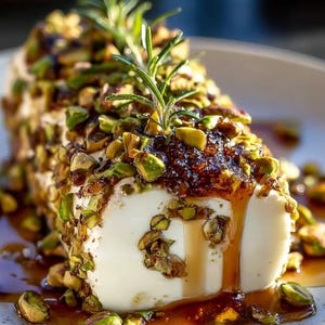Könnte beinhalten: Nahaufnahme einer Gourmet-Vorspeise mit einem Block aus cremigem, weißem Käse, großzügig bedeckt mit gehackten grünen Pistazien. Der Käse ist mit einem dunklen, glänzenden Gelee belegt und mit frischen Rosmarinzweigen garniert. Ein Schuss Sauce rundet das Gericht ab.
