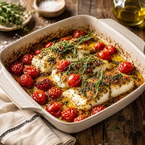 Può includere: Una pirofila rettangolare in ceramica contenente tre filetti di pesce bianco arrostiti con pomodorini rosso brillante, erbe verdi fresche e una salsa dorata a base di olio. Il piatto è condito con spezie verdi ed erbe aromatiche.