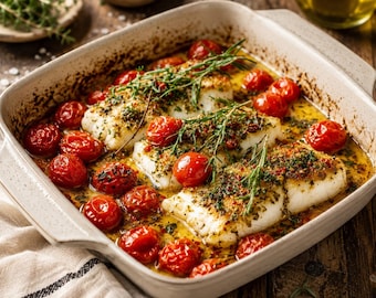 Ricetta di pesce al forno in stile mediterraneo in formato PDF, pasto sano a base di pesce, download digitale stampabile.
