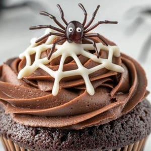 May include: A chocolate cupcake with chocolate frosting, topped with a white icing spiderweb and a plastic spider. The cupcake is in a brown paper liner, perfect for Halloween or a spooky-themed party.
