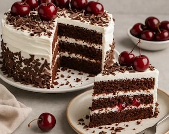May include: A Black Forest cake with a slice cut out, revealing layers of chocolate cake, white frosting, and cherries. The cake is topped with fresh cherries and chocolate shavings. A slice sits on a plate with a fork.