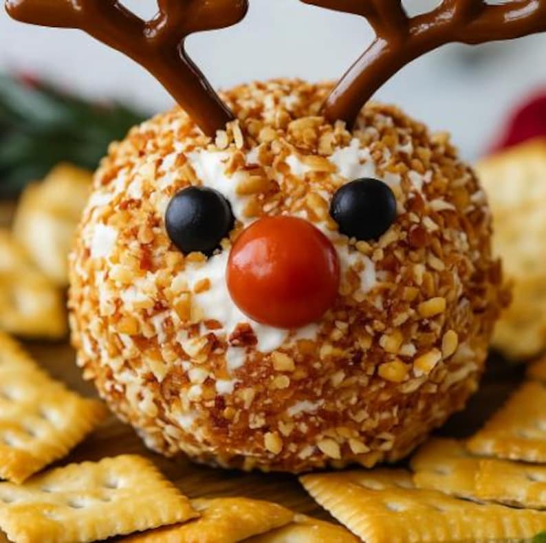 May include: A festive cheese ball shaped like a reindeer, coated in chopped nuts, with pretzel antlers, olive eyes, and a cherry tomato nose. Served with square crackers, perfect for a holiday appetizer.