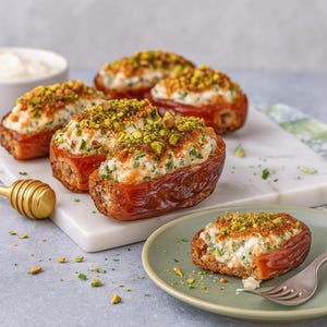 May include: A close-up shot of several stuffed dates, arranged on a white marble board and a green plate. The dates are filled with a creamy white mixture and topped with chopped pistachios. A golden honey dipper and a small bowl of white sauce are also visible.