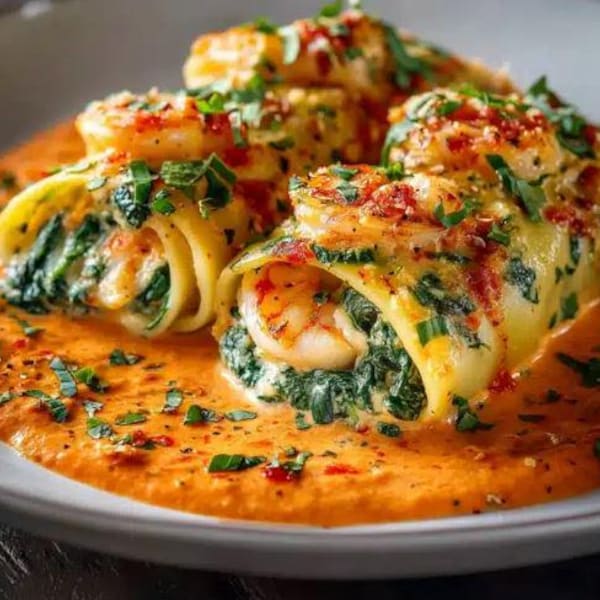 Shrimp & Spinach Stuffed Pasta Rolls Recipe: Roasted Red Pepper Cream (Digital Download)