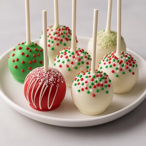 K&ouml;nnte beinhalten: Eine Platte mit festlichen Cake Pops. Einige sind rot mit wei&szlig;em Zuckerguss, andere wei&szlig; mit roten und gr&uuml;nen Streuseln, und einer ist gr&uuml;n mit roten Streuseln. Jeder Cake Pop hat einen wei&szlig;en Stiel.