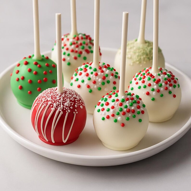 K&ouml;nnte beinhalten: Eine Platte mit festlichen Cake Pops. Einige sind rot mit wei&szlig;em Zuckerguss, andere wei&szlig; mit roten und gr&uuml;nen Streuseln, und einer ist gr&uuml;n mit roten Streuseln. Jeder Cake Pop hat einen wei&szlig;en Stiel.