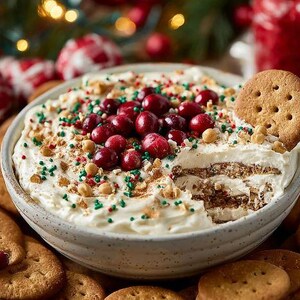 May include: A festive dessert dip in a ceramic bowl, garnished with fresh cranberries, sprinkles, and nuts. A round biscuit rests on the side. The dip has a creamy white base with layers of what appears to be digestive biscuits.