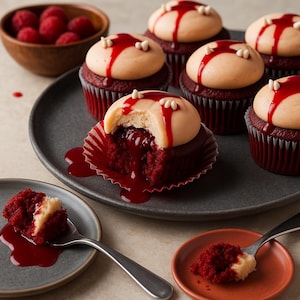 May include: A close-up shot of several red velvet cupcakes with tan frosting, drizzled with red sauce, and topped with white sprinkles. One cupcake is partially eaten, revealing the white filling. A small bowl of raspberries is in the background.