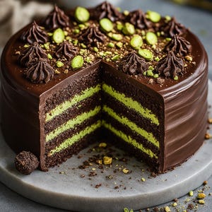 Op de afbeelding: Een chocoladetaart met een stuk verwijderd, met lagen groene vulling. De taart is gegarneerd met chocolade glazuur, chocolade krullen en pistache stukjes. De taart staat op een grijs marmeren oppervlak.