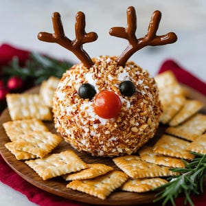 May include: A festive cheese ball decorated as a reindeer, with pretzel antlers, olive eyes, and a cherry tomato nose. It is surrounded by crackers on a wooden serving board, perfect for a holiday appetizer.
