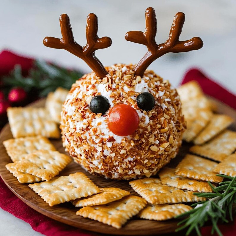 May include: A festive cheese ball decorated as a reindeer, with pretzel antlers, olive eyes, and a cherry tomato nose. It is surrounded by crackers on a wooden serving board, perfect for a holiday appetizer.