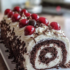 Puede incluir: Un brazo de gitano de la Selva Negra con un diseño en espiral, cubierto con crema batida, virutas de chocolate y cerezas rojas brillantes. El pastel está sobre un plato rectangular blanco.