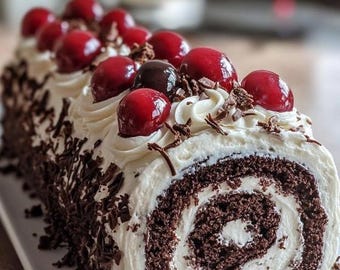 May include: A Black Forest cake roll with a spiral design, topped with whipped cream, chocolate shavings, and bright red cherries. The cake is on a white rectangular plate.