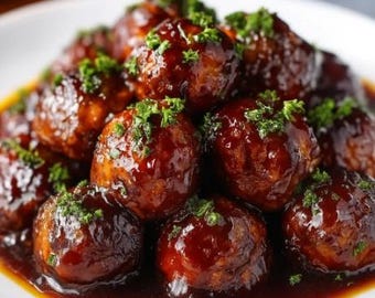 May include: A close-up shot of a plate of meatballs in a rich, glossy brown sauce. The meatballs are round, with a dark brown exterior and are garnished with chopped green herbs. The sauce pools around the meatballs on a white plate.