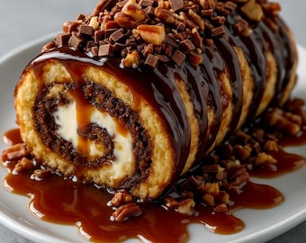 May include: A sliced dessert roll with a cream filling, chocolate sauce, and chopped nuts. The roll is drizzled with caramel sauce and topped with chocolate chunks and pecans. The dessert is served on a white plate.
