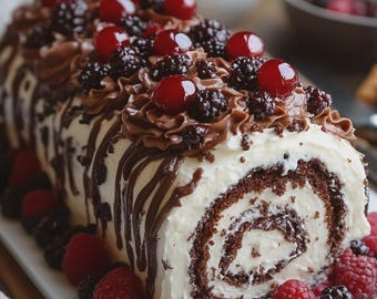 May include: A chocolate cake roll with white cream filling, topped with chocolate frosting, cherries, and blackberries. The cake is decorated with chocolate drizzle and fresh berries, presented on a white rectangular plate.
