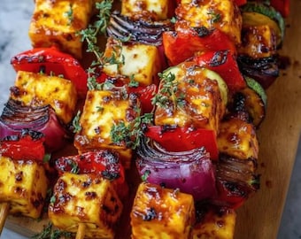 Maple-Mustard Halloumi Skewers Recipe: Easy Dinner, Party Appetizer (Digital Download)