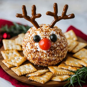 May include: A festive cheese ball decorated as a reindeer, with pretzel antlers, olive eyes, and a cherry tomato nose. The cheese ball is coated in nuts and served with square crackers on a wooden platter, perfect for a holiday appetizer.
