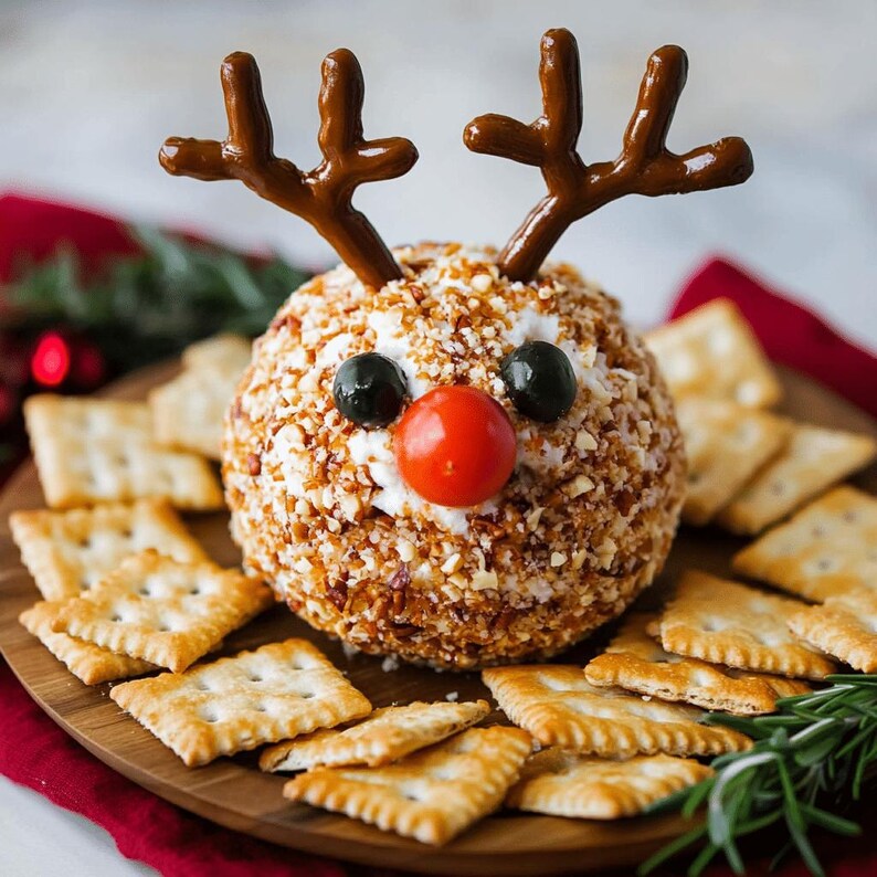 May include: A festive cheese ball decorated as a reindeer, with pretzel antlers, olive eyes, and a cherry tomato nose. The cheese ball is coated in nuts and served with square crackers on a wooden platter, perfect for a holiday appetizer.