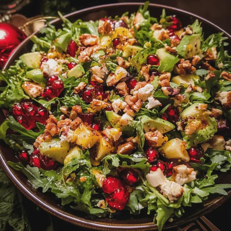 May include: A vibrant salad in a dark bowl, featuring a mix of green arugula, avocado slices, pomegranate seeds, walnuts, and white cheese. The salad has a variety of textures and colors, with a focus on fresh ingredients.