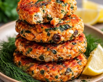 Mediterranean Salmon Cake Recipe: Spinach, Feta (Digital Download)