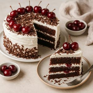 Puede incluir: Una tarta Selva Negra con una porción cortada, cubierta con cerezas frescas y virutas de chocolate. La tarta tiene varias capas de bizcocho de chocolate con crema blanca. Un pequeño cuenco de cerezas está al lado.
