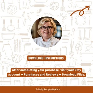 May include: A smiling woman with blonde hair and glasses in a chef's coat is centered in a circular frame. The image includes text that reads "DOWNLOAD INSTRUCTIONS:" and instructions on how to download files after purchase. The background features a pattern of kitchen utensils.