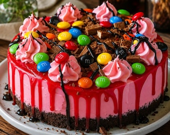 Pink Paradise No-Bake M&M Snickers Cheesecake Recipe | Printable Digital PDF Download