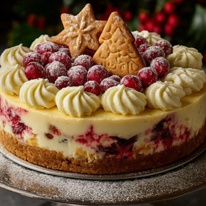 Op de afbeelding: Een feestelijke cheesecake met een koekjesbodem, romige vulling en rode bessen bestrooid met poedersuiker. Versierd met witte slagroom en peperkoek ster- en boomkoekjes.