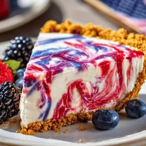 May include: A slice of cheesecake with a red, white, and blue swirl pattern, set on a graham cracker crust. Fresh blueberries, blackberries, and a strawberry are arranged on a plate next to the cheesecake slice.