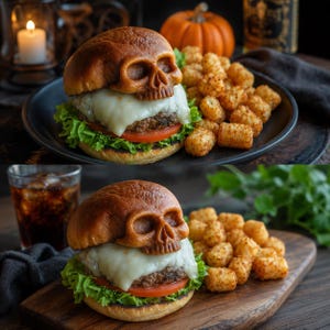 Puede incluir: Una hamburguesa con queso con un pan moldeado en forma de cráneo humano, cubierto con queso blanco derretido, una rodaja de tomate y lechuga verde, servida con una porción de croquetas de patata doradas y crujientes en un plato oscuro.
