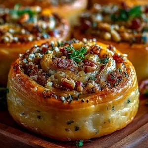 May include: A close-up shot of a baked pastry roll with a shiny, golden-brown crust. The filling is a mix of nuts, herbs, and what looks like meat. The pastry is round and swirled, with a visible spiral pattern. The image is well-lit, highlighting the textures.