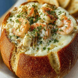 Può includere: Una ciotola di pane ripiena di bisque cremosa di pesce, guarnita con gamberi grigliati e prezzemolo fresco. La ciotola di pane croccante, marrone dorato, è tagliata per consentire un facile accesso alla zuppa.